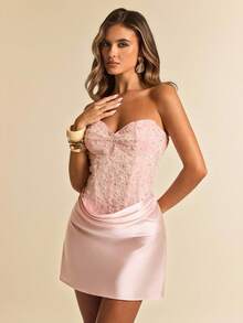 SHEIN BAE 春夏纯色蜜桃色抹胸修身迷你连衣裙，优雅粉色迷你派对连衣裙，夏季缎面连衣裙，优雅连衣裙，海滩度假连衣裙，生日派对连衣裙，婚礼宾客礼服，早午餐连衣裙 - 粉色 - 查看 5