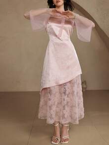 DAZY 春夏蕾丝网纱拼接长袖中长连衣裙，优雅修身，适合情人节、婚礼、派对、宴会等场合。 - 粉色 - 查看 5