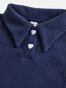 SHEIN Girlism 少女优雅翻领爱心纽扣针织罗纹无袖背心，夏季 - 藏蓝色 - 查看 3