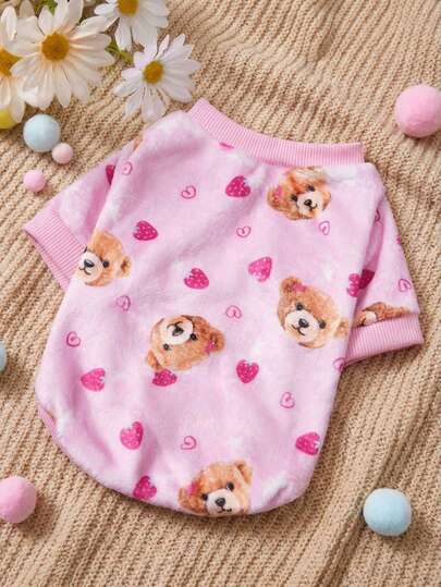 PETSIN 1 Sudadera de franela con estampado de oso de peluche con amor, versión rosa gruesa y cálida para mascotas en otoño e invierno