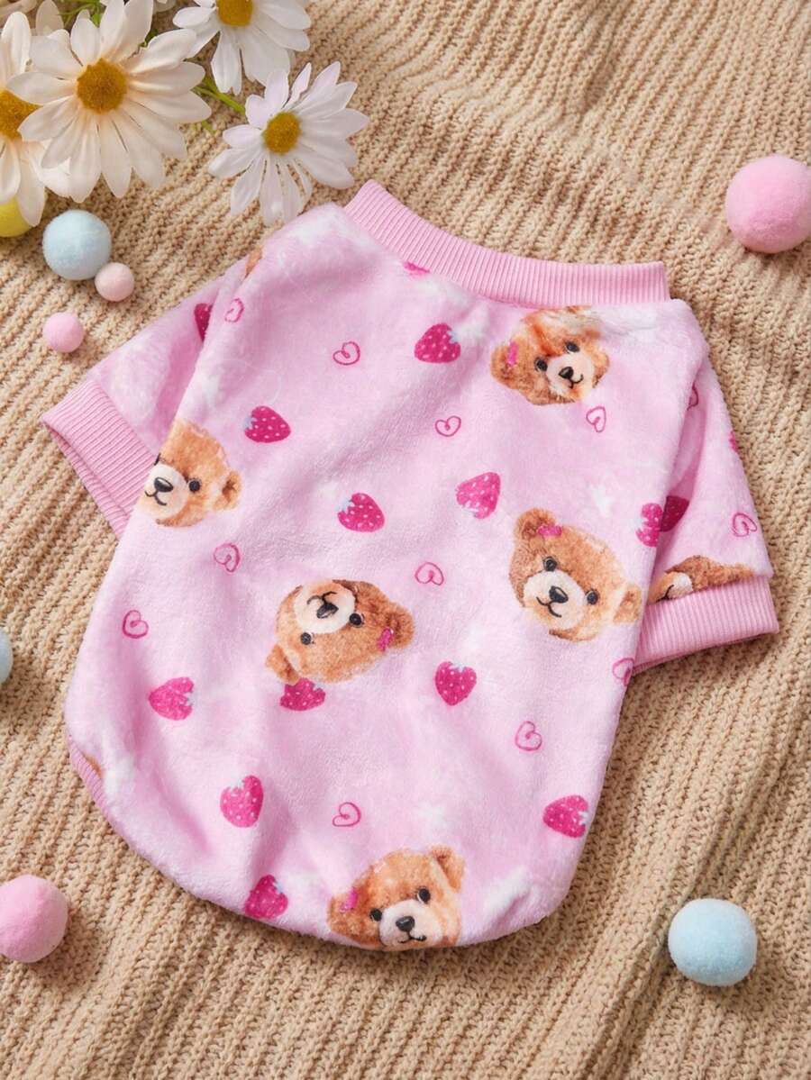 PETSIN 1 Printed Teddy Bear Love Flannel Sweatshirt, Pet Autumn And Winter Thick And Warm Pink Version - Pink - View 1