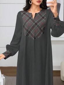 Al Najma Vestido casual suelto de fiesta con cuello en V y patrón de rombos para mujer - Gris - Ver 7