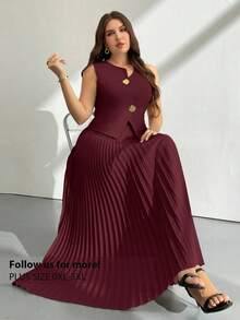 Firerie 大码女式金属单排扣马甲和百褶中长裙优雅两件套 - 酒紅色 - 查看 1