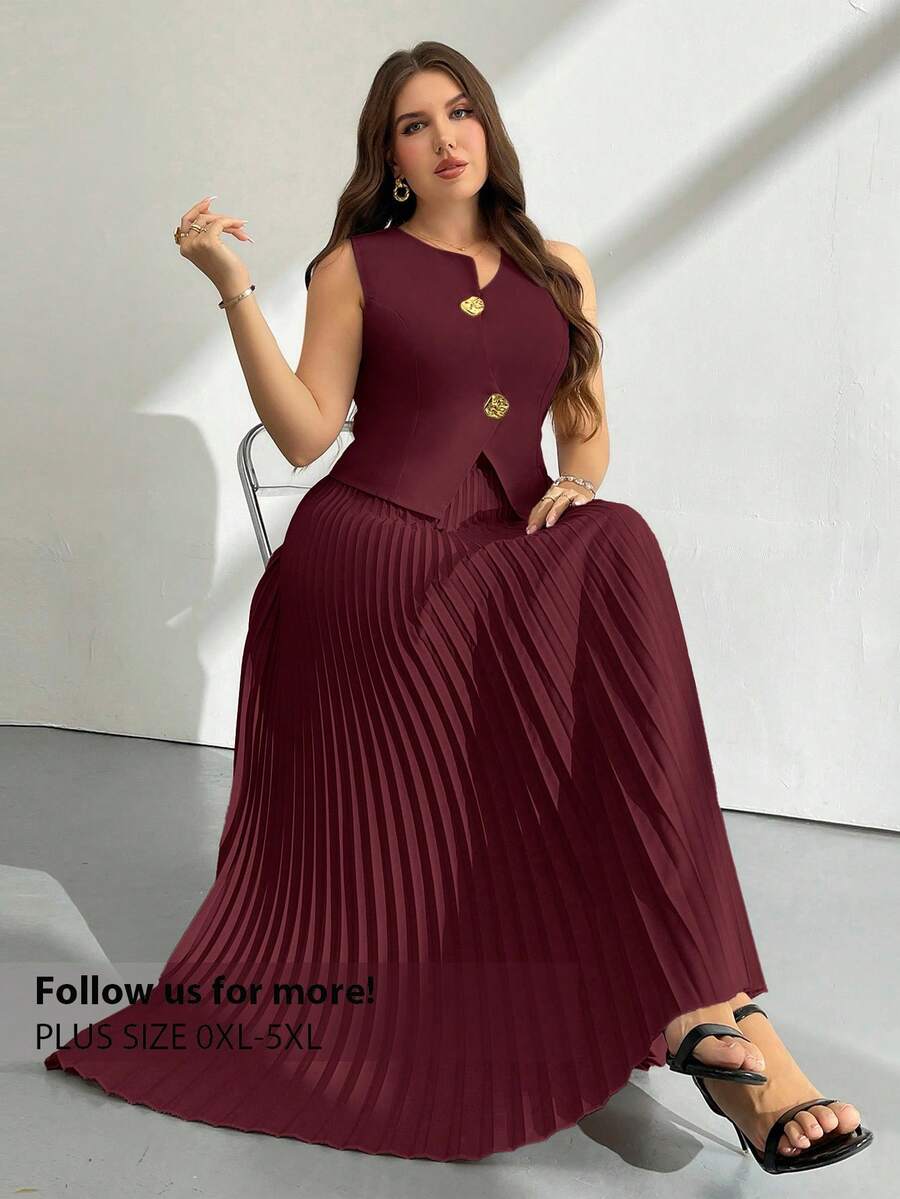 Firerie 大码女式金属单排扣马甲和百褶中长裙优雅两件套 - 酒紅色 - 查看 1