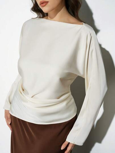 Maija Plus Size 2026 New Satin White Off Shoulder Ruched Waist Long Sleeve Blouse, Romantic, Fashionable, Versatile; Comfortable, Stylish, Elegant, Casual, Simple Daily Essential, Solid Color, Holiday Casual, Appropriate, Single Lady, Elegant Business Casual Outerwear Top, Business Casual Silhouette