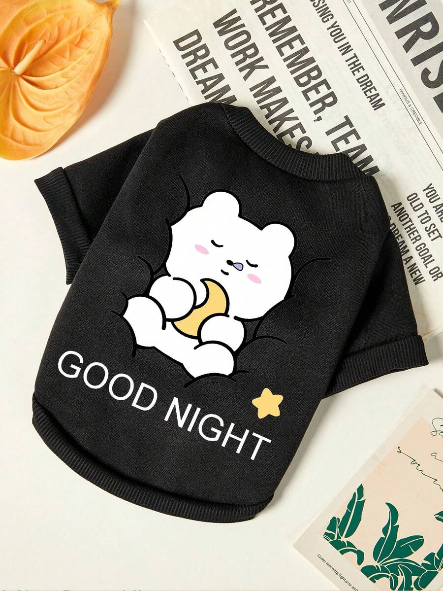 PETSIN 1 件可爱北极熊星星字母印花宠物黑色秋冬加厚保暖宠物服装 - 黑色 - 查看 1