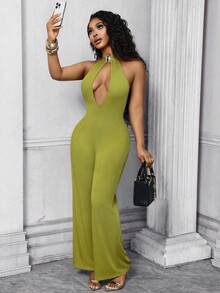 Lureya Women's Fashion Sexy Front Hollow Lace-Up Backless Jumpsuit, Straight Leg Wide Leg Pants, Suitable For Evening Gala, Party