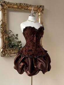 Lovelzi 优雅奢华的巧克力棕色露肩扎染植绒提花拼接亮面欧根纱泡泡裙，精致的鱼骨造型多层荷叶边下摆连衣裙，适合晚宴、展览、商务活动、婚礼、派对和其他场合。 - 棕色 - 查看 8