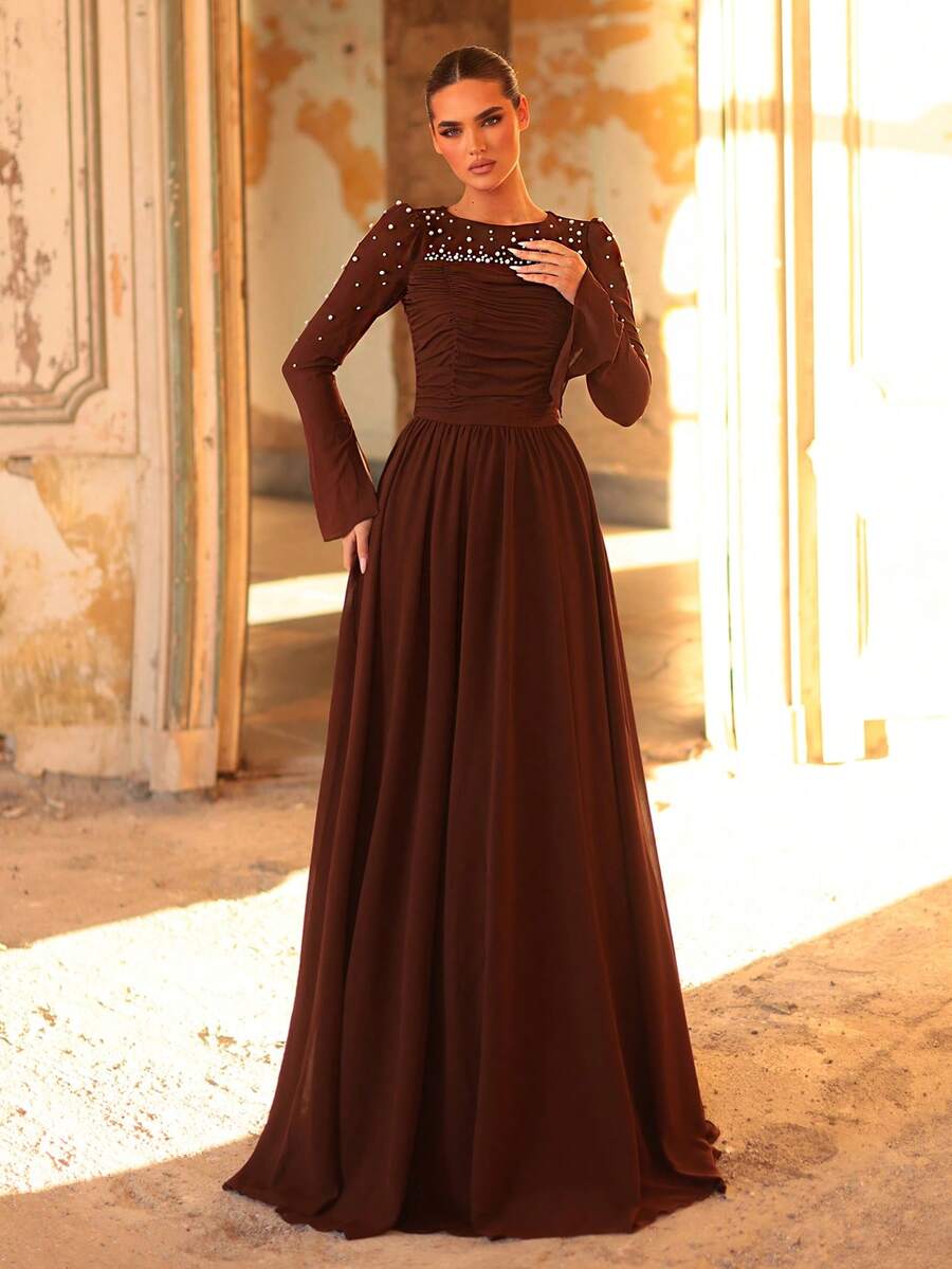 Aureia Elegant Brown Chiffon Round Neck Long Sleeve Hand-Embellished Pearls Pleats High Waist Large A-Line Skirt Luxury Evening Gown Wedding Party
