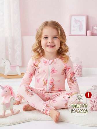 Pelele de manga larga con cremallera y estampado digital de unicornio con moño rosa para bebés niñas