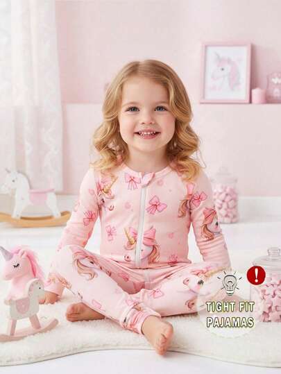 Back To School Fashion Infant Girls Snug Fit Pink Bow Unicorn Digital Print Long Sleeve Zipper Jumpsuit Fall Winter