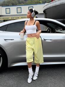 Muchica Women's Casual Yellow Capri Pants With Pockets - Yellow - View 5