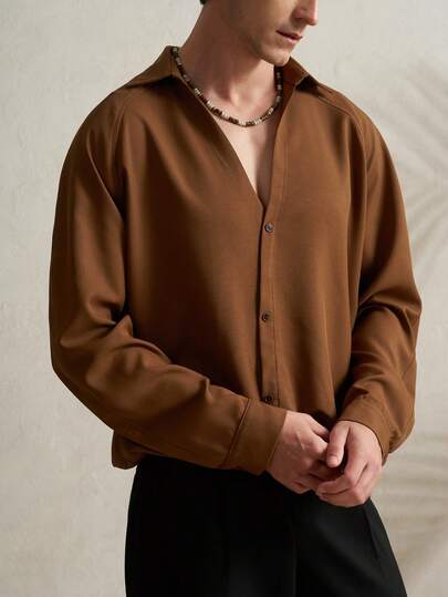 Airaco Linen Blend 2 In 1 Long Sleeve Shirt, Loose Fit, Coffee Color