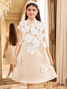 SHEIN Tween Girl Elegant Beige Summer Wedding Guest Dress, Cute 3D Floral Decor A-Line Short Sleeve Solid Color Tween Girl Dress For Back To School, Champagne - Apricot - View 9