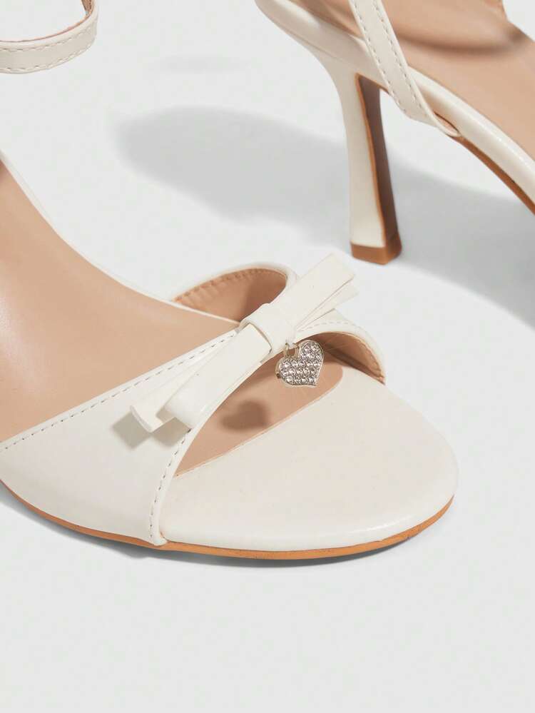 CUCCOO CHICEST Women Shoes White PU Love Diamond Buckle Design Fashionable And Elegant Spring And Summer Elegant Round Toe Ankle Strap Stiletto Sandals