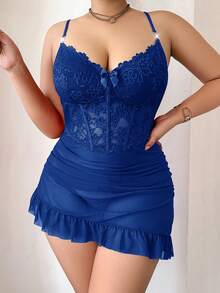 SHEIN 1 Set Plus Size Lace Robe With 3D Floral Decor + Plus Size Lace Camisole Slip Dress With Waist Cinching Design - Royal Blue - View 4