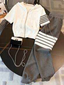 Resyla 2pcs Women Casual Striped Print Hooded Zip-Up Short Sleeve Top And Drawstring Waist Long Pants Set, Suitable For Sports, Daily Wear, Spring/Summer - Multicolor - View 1