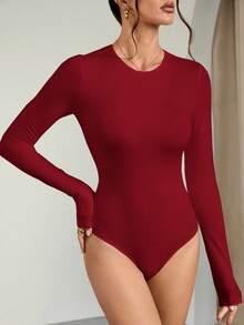 SHEIN Tall 2pcs/Set Women Solid Color Knitted Round Neck, Casual, Cozy Chic, Slim And Versatile Long Sleeve Bodysuit - Multicolor - View 4
