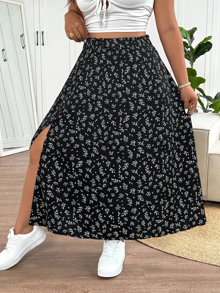 SHEIN Frenchy Plus Size Tropical Split Floral Printed Women's Skirt - Black - View 1