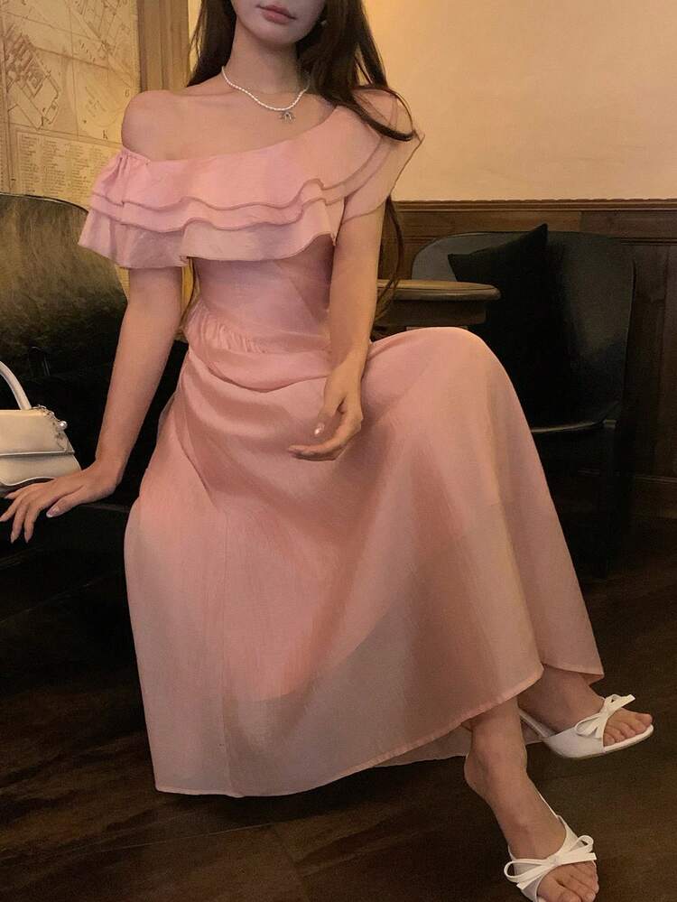 Women's Casual Ruffled Shoulder Midi Dress Sundress