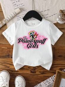 THE POWERPUFF GIRLS X SHEIN 年轻女孩休闲日常通勤百搭可爱卡通字母星星印花短袖白色T恤 - 白色 - 查看 1