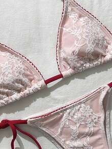 Swim Mod Women's Spring/Summer Jacquard Fabric Halter Floral Trim Bikini Set - Pink - View 4