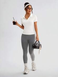 With My Calm Women's Basic Polo Shirt With Collar And V-Neck, Suitable For Sports, Yoga, Outdoor Fitness - White - View 4
