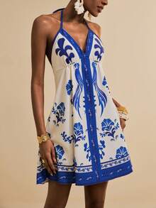SHEIN Veneréa Women's Summer Beach Bohemian Blue & White Floral Parrot Print V-Neck Sleeveless Backless Strap Vacation Coverup Dress - Multicolor - View 3