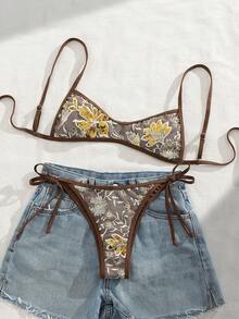 Swim Vcay Sequin Embroidered Floral Micro Sexy Fashion Women Beach Spring/Summer Bikini Set Set - Brown - View 5