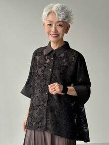 FRIFUL 女士纯黑色薄纱蕾丝拼接露背宽松休闲百搭上衣 - 黑色 - 查看 5