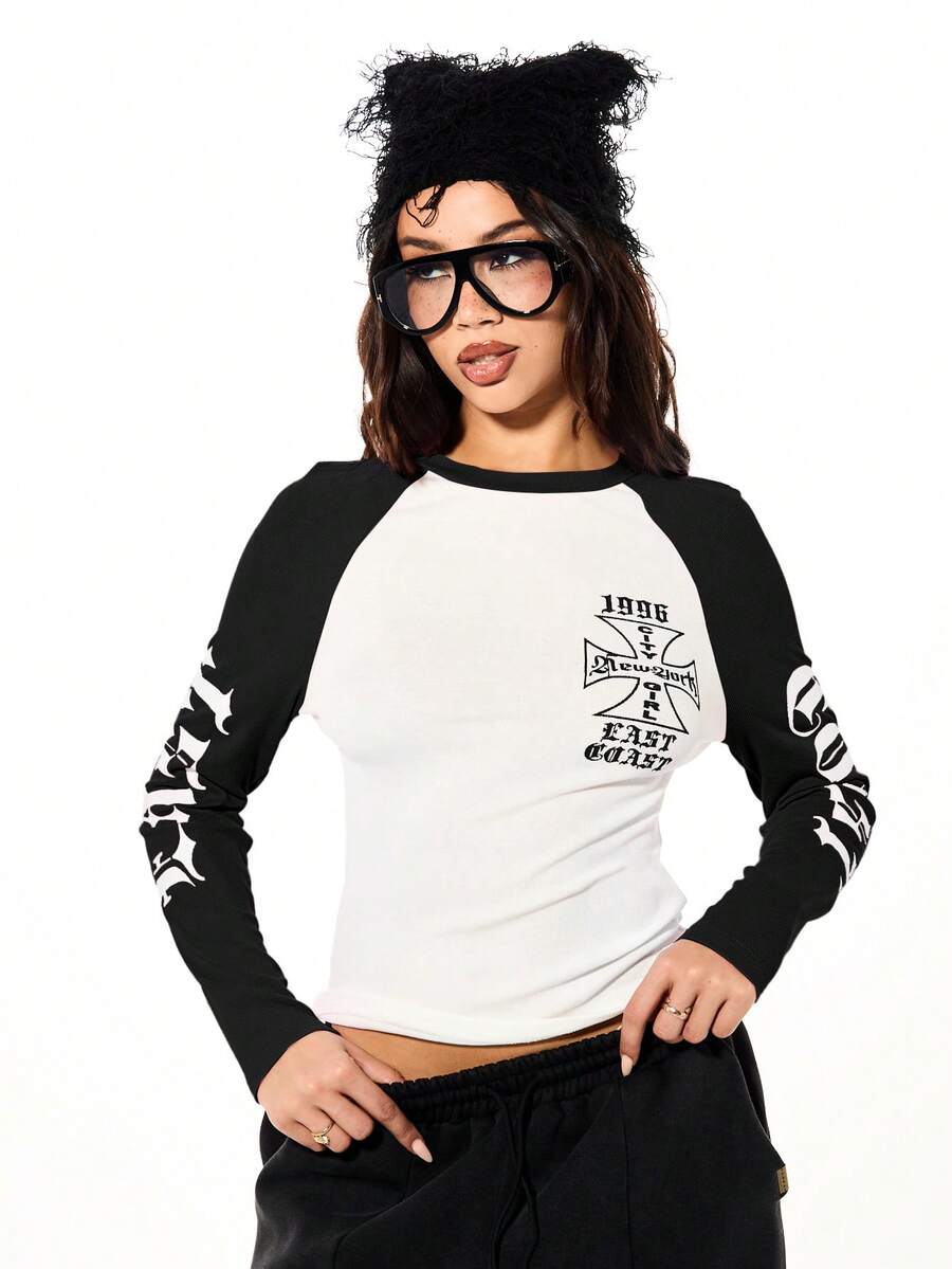 SUMWON WOMEN Women Long Sleeve Raglan Graphic Tee With Cross Print And Number Details - Black - View 1