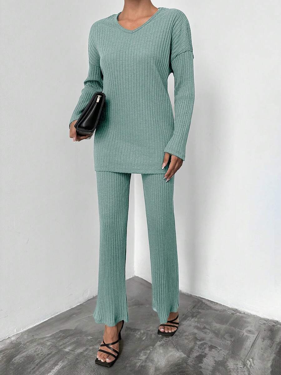 EURMUSE 2pcs Women Casual Commuting Solid Color Long Sleeve Top And Pants Set - Mint Green - View 1