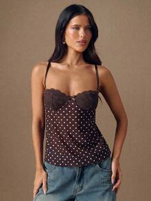 SHEIN BAE Áo hai dây ren chấm bi in họa tiết vá dành cho nữ - màu nâu - Xem 3