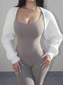 Vassilux 芭蕾罗纹针织插肩袖耸肩短款开衫（不含吊带背心），秋冬针织毛衣 - 白色 - 查看 4