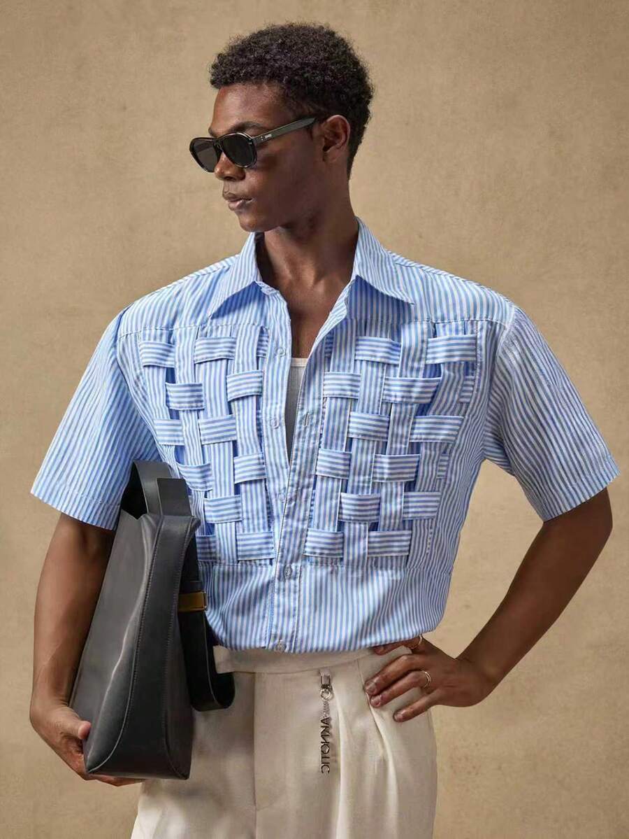 AKNOTIC 男士休闲衬衫，适合日常、商务、校园、约会、拍照、派对等场合，袖子可拆卸，纯色时尚长袖夹克领衬衫，男士条纹衬衫，男士夏季度假衬衫，衬衫，男士夏季度假衬衫，瓜亚贝拉衬衫，浅蓝色印花衬衫