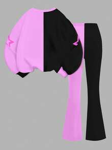 SHEIN Back To School, Cartoon Girl, Colorful Purple & Black Contrast Color, K-Pop Young Girl Casual Loose Fit Round Neck Long Sleeve Sweatshirt And Flare Pants 2 Pieces Set, Suitable For Autumn/Winter, Casual Campus Sports Style, Outdoor Picnic, Street Photography, Home - Multicolor - View 2