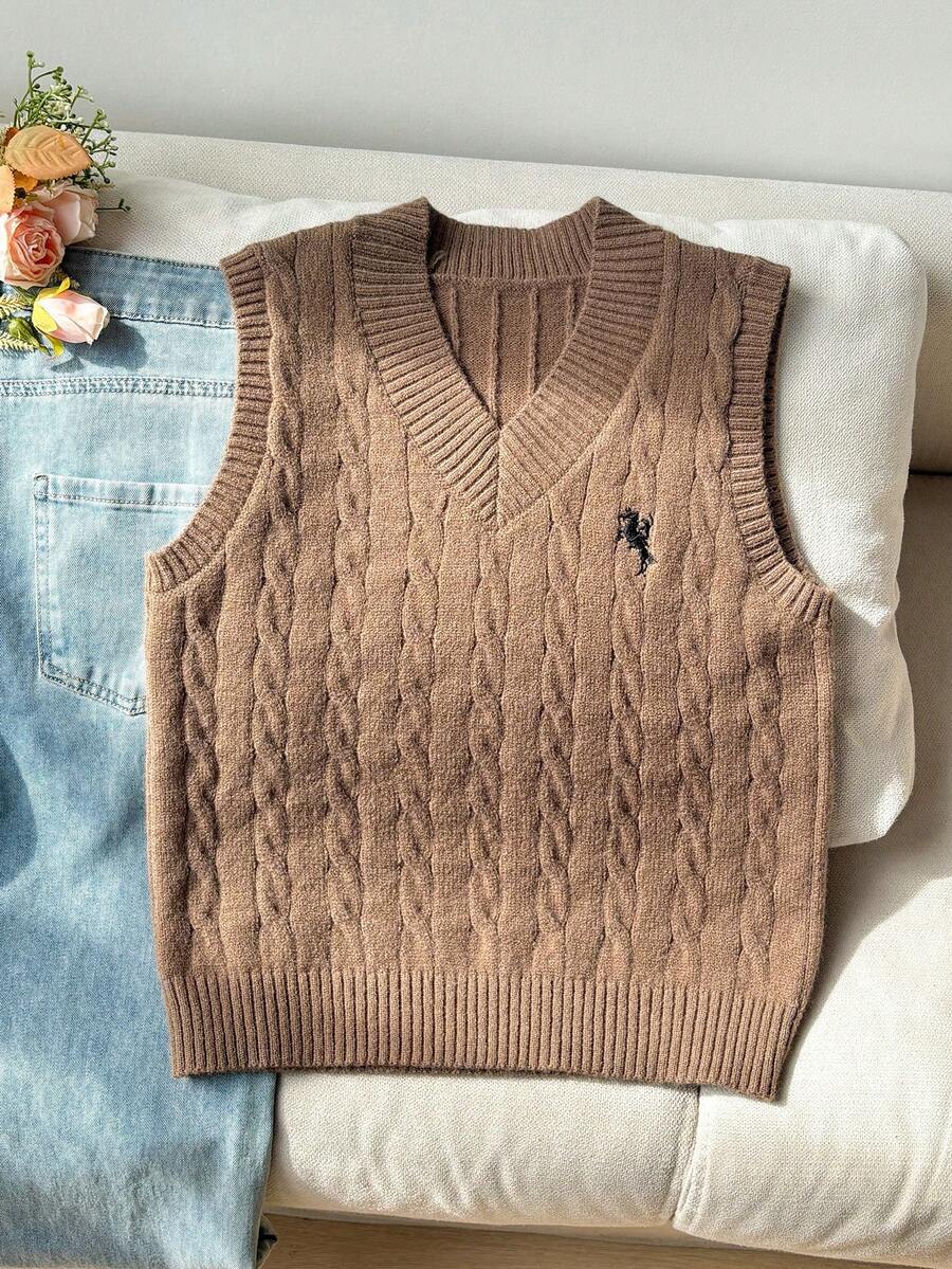 SHEIN 青少年女孩V領刺繡針織背心,柔軟舒適棕色秋季休閒週日返校上衣,適合青少年女孩戶外玩耍穿著 - 卡其色 - 查看 1