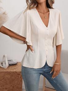 EMERY ROSE 女士纯色亚麻V领纽扣装饰鱼尾下摆泡泡袖衬衫，杏色，优雅复古法式风格，适合办公室、通勤、商务、休闲、度假、下午茶、街头等场合，简约百搭，展现澳洲休闲、波西米亚风情，日常休闲，春夏新款 - 杏色 - 查看 7