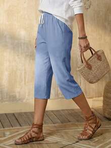 EMERY ROSE 女士纯色抽绳腰带口袋休闲七分裤 - 淺色水洗藍 - 查看 6