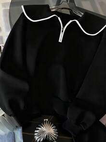 Resyla 宽松公主领半拉链插肩袖上衣 + 松紧腰斜插口袋休闲裤 - 黑色 - 查看 3