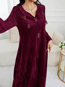 Al Najma Women's Elegant Party Fringe Decor Arabic Style Dress - Burgundy - View 6