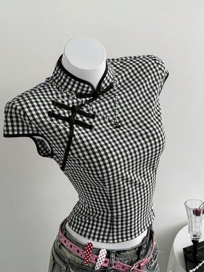 Elamini 红白格纹撞色纽扣立领侧开衩收腰短袖女式上衣，适合秋冬季节，时尚百搭，通勤、通勤、简约、学院风、复古风、教师、优雅、日常、约会、外出等场合。