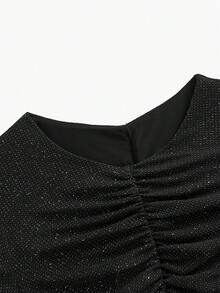 MOTF PREMIUM FASHIONABLE SHINY GATHERED RUCHED DETAIL STRETCHY KNIT LONG SLEEVE T-SHIRT, AUTUMN/WINTER - Black - View 3