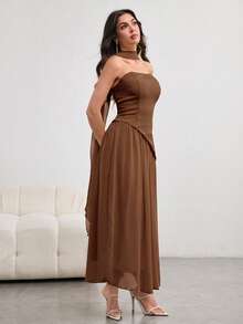 Modelyn 女士不对称荷叶边下摆无袖连衣裙，配围巾领，优雅迷人，春夏款 - 棕色 - 查看 6