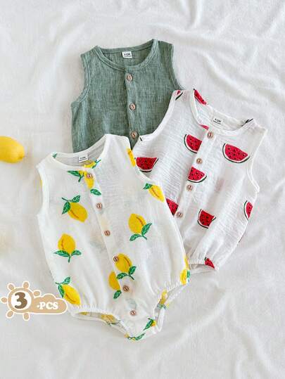 Vintaside Kids Fruktmönstrad sparkdräkt för spädbarn/småbarn, bekvämt mjukt tyg, trendig och mångsidig kroppsdel för vardagsbruk, vår/sommar/höst