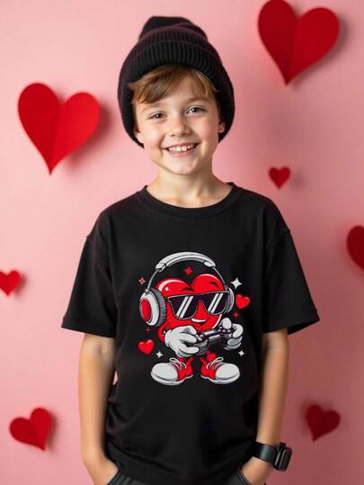 SHEIN Tween Boy Casual Comfortable Sunglasses & Game Console Heart Print Basic Crew Neck Short Sleeve T-Shirt, Suitable For Boys Daily Wear
