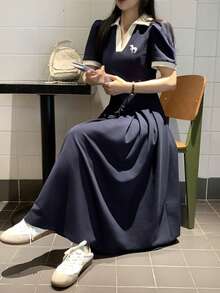 DAZY 女士休闲刺绣撞色Polo领中长连衣裙，夏季婚礼宾客礼服/吊带裙 - 藏蓝色 - 查看 9