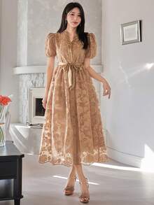 DAZY Gaun Wanita Elegan Warna Polos dengan Lengan Mengembang Berenda dan Sabuk, Gaun Tamu Pernikahan Musim Semi/Panas - Khaki - View 5