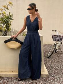 Livesso Sleeveless V-Neck Casual Women Denim Jumpsuit - Blue - View 6