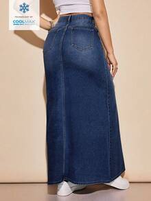 Jeanoix 女士口袋纽扣装饰时尚百搭约会休闲牛仔裙 - 深色水洗藍 - 查看 2